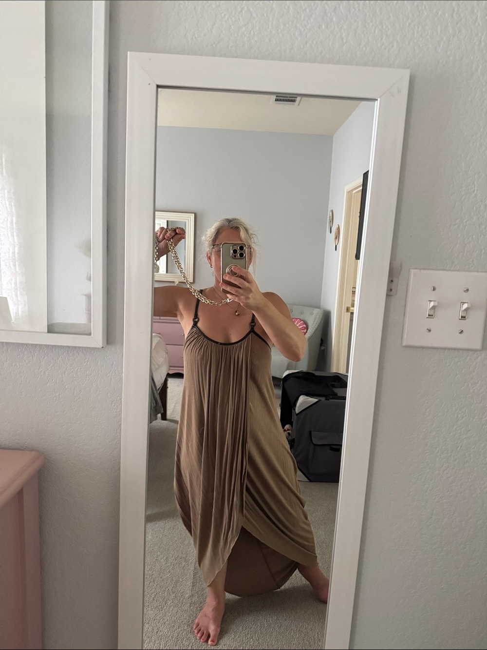 Relaxed Olive Slip Maxi Dress Faux Leather Straps